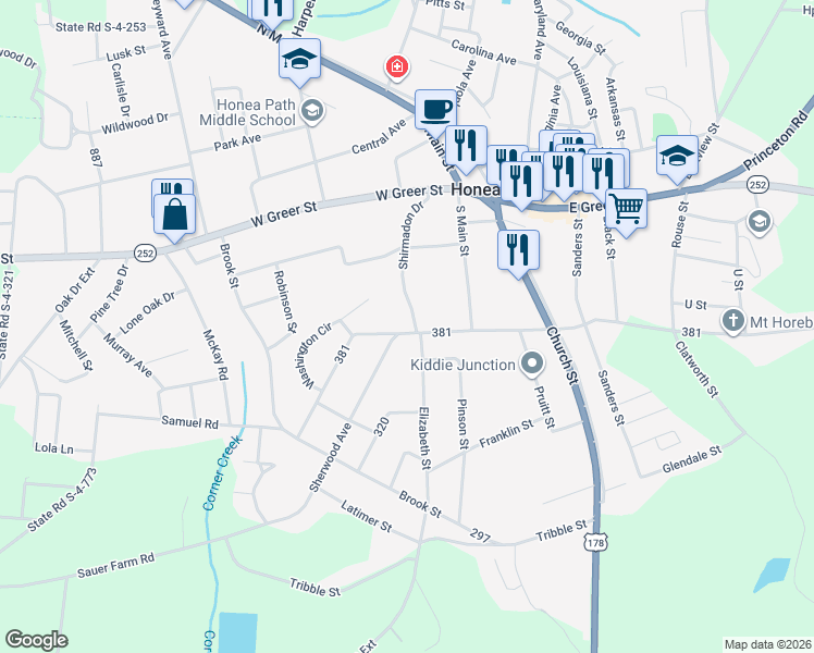 map of restaurants, bars, coffee shops, grocery stores, and more near 303 West Hampton Avenue in Honea Path
