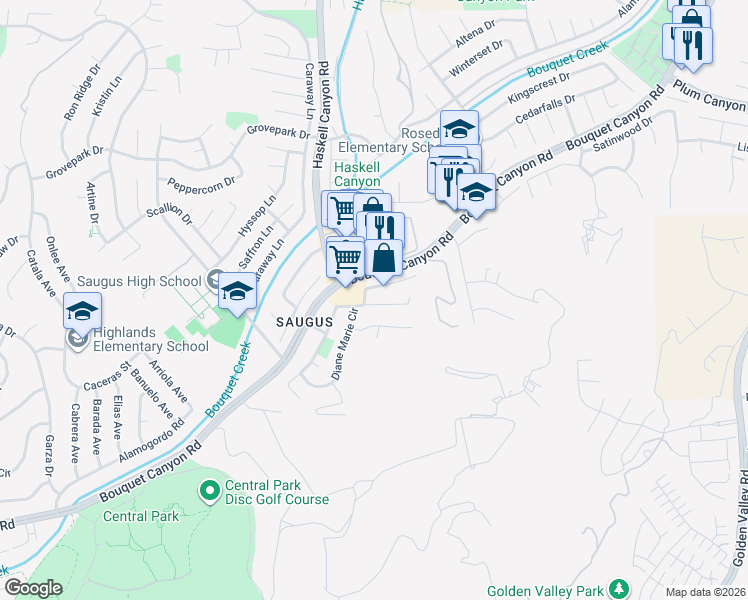 map of restaurants, bars, coffee shops, grocery stores, and more near 21465 Carol Sue Lane in Santa Clarita