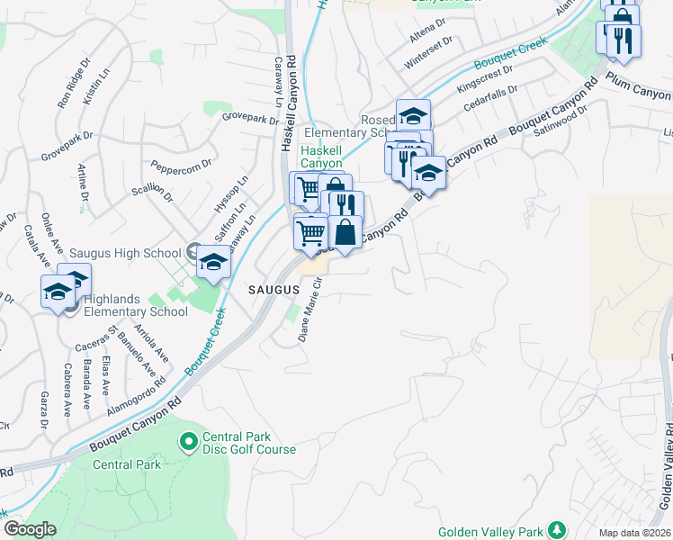 map of restaurants, bars, coffee shops, grocery stores, and more near 21465 Carol Sue Lane in Santa Clarita