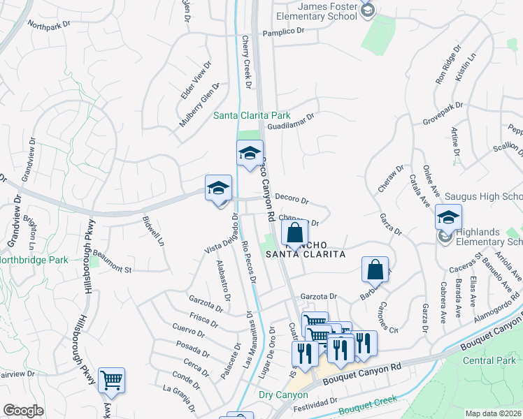 map of restaurants, bars, coffee shops, grocery stores, and more near 27141 Rio Bosque Drive in Santa Clarita