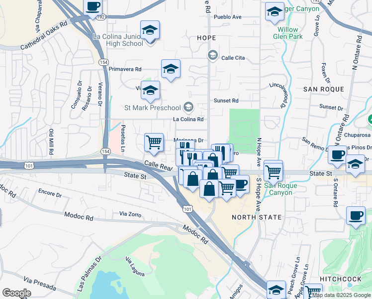 map of restaurants, bars, coffee shops, grocery stores, and more near 3916 State Street in Santa Barbara