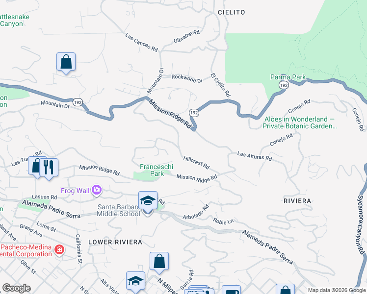 map of restaurants, bars, coffee shops, grocery stores, and more near 920 Mission Ridge Road in Santa Barbara