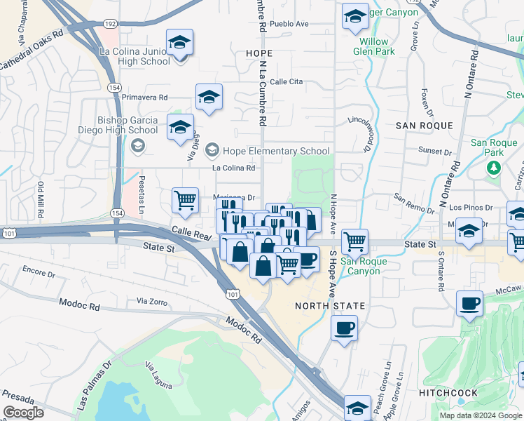 map of restaurants, bars, coffee shops, grocery stores, and more near North La Cumbre Road & Via Lucero in Santa Barbara