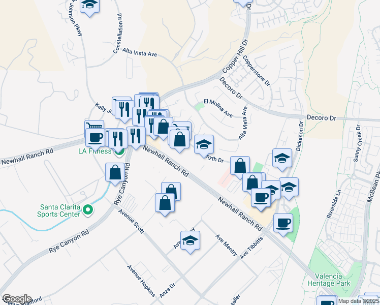 map of restaurants, bars, coffee shops, grocery stores, and more near 27955 Smyth Drive in Santa Clarita