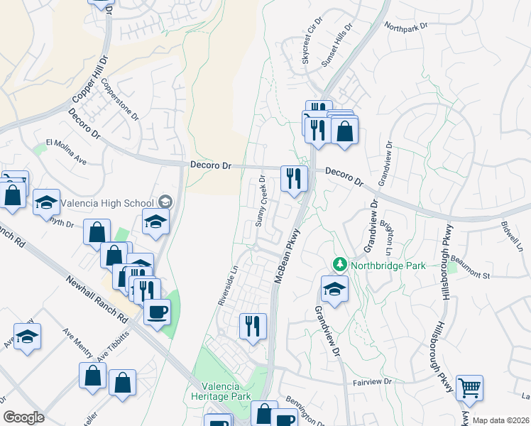 map of restaurants, bars, coffee shops, grocery stores, and more near 27547 Sunny Creek Drive in Santa Clarita