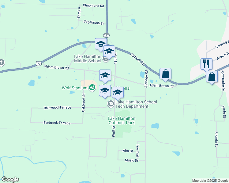 map of restaurants, bars, coffee shops, grocery stores, and more near 240 Wolf Street in Pearcy