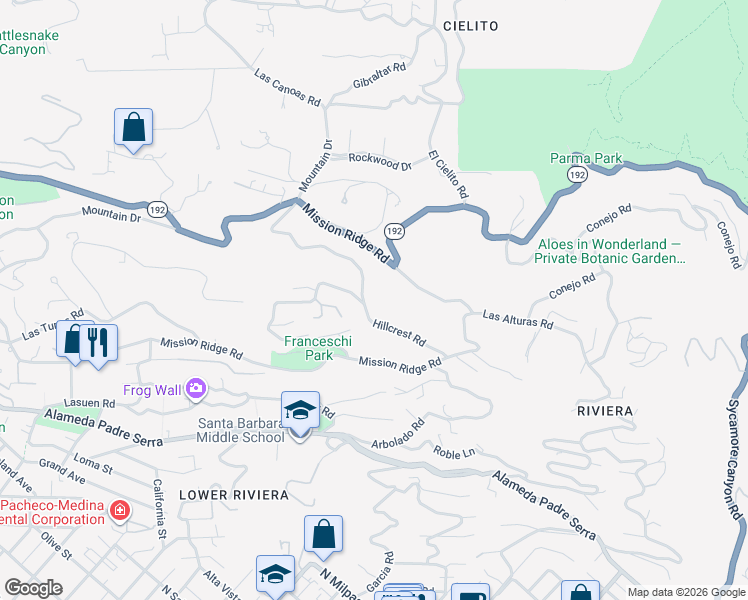 map of restaurants, bars, coffee shops, grocery stores, and more near 920 Mission Ridge Road in Santa Barbara