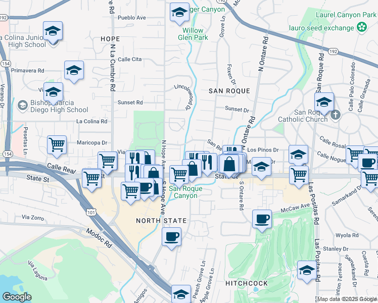 map of restaurants, bars, coffee shops, grocery stores, and more near 3760 State Street in Santa Barbara