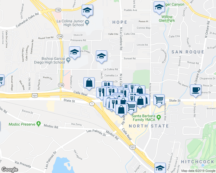 map of restaurants, bars, coffee shops, grocery stores, and more near 3916 State Street in Santa Barbara