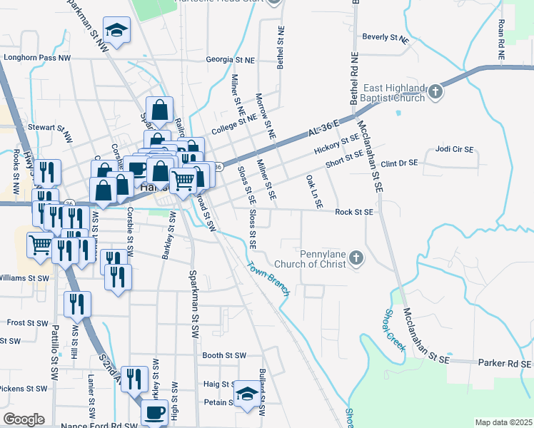 map of restaurants, bars, coffee shops, grocery stores, and more near 408 Sloss Street Northeast in Hartselle