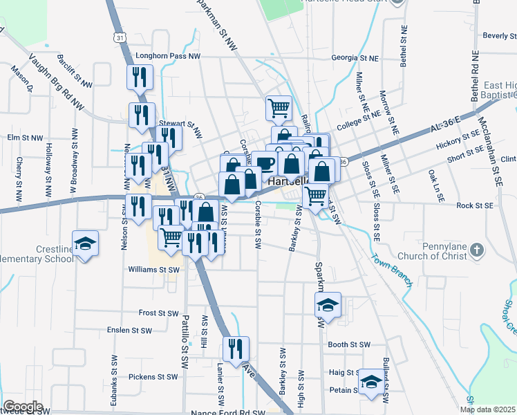 map of restaurants, bars, coffee shops, grocery stores, and more near 202 Corsbie Street Southwest in Hartselle