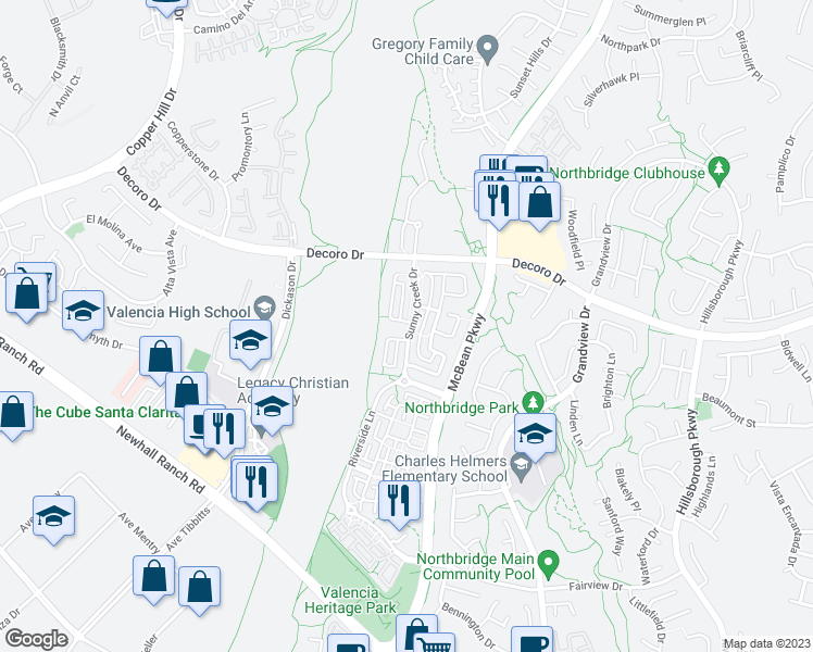 map of restaurants, bars, coffee shops, grocery stores, and more near 27574 Cobblestone Court in Santa Clarita