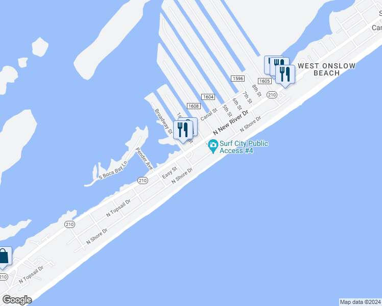 map of restaurants, bars, coffee shops, grocery stores, and more near 1706 North New River Drive in Surf City