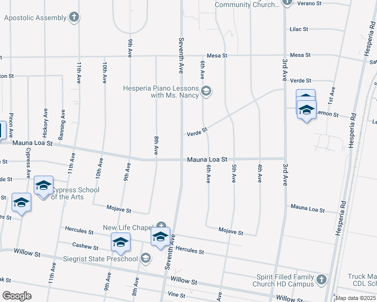 map of restaurants, bars, coffee shops, grocery stores, and more near 10535 Seventh Avenue in Hesperia