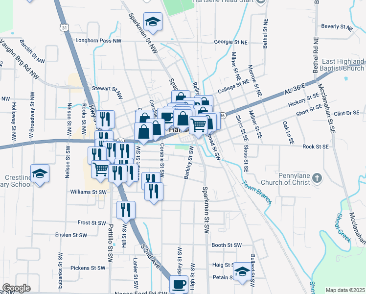 map of restaurants, bars, coffee shops, grocery stores, and more near 302 Woodall Street in Hartselle