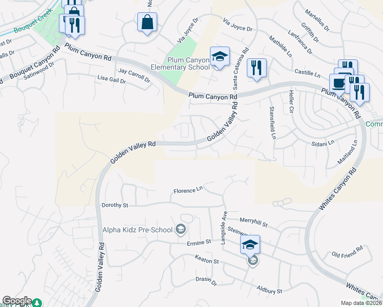 map of restaurants, bars, coffee shops, grocery stores, and more near 20014 Christopher Lane in Santa Clarita