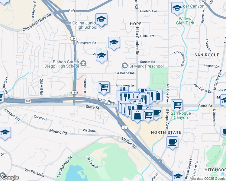 map of restaurants, bars, coffee shops, grocery stores, and more near 110 Bodega Lane in Santa Barbara