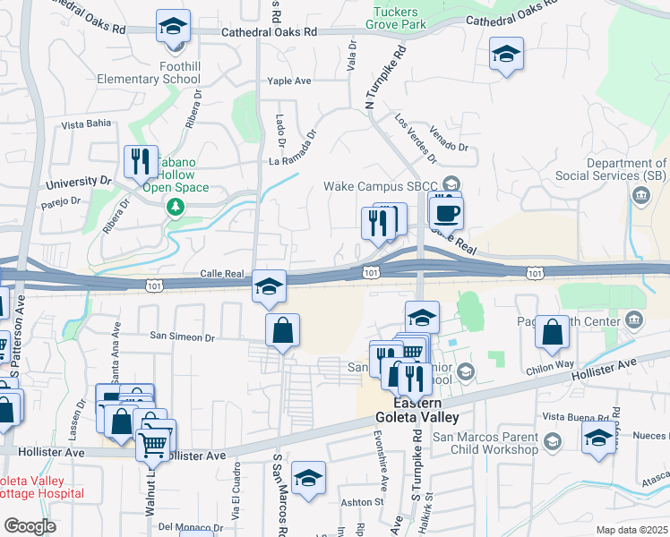 map of restaurants, bars, coffee shops, grocery stores, and more near Calle Real & Campo Vista Drive in Santa Barbara