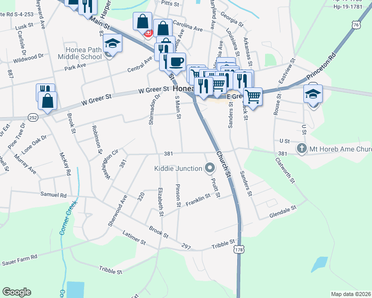 map of restaurants, bars, coffee shops, grocery stores, and more near 113 West Hampton Avenue in Honea Path