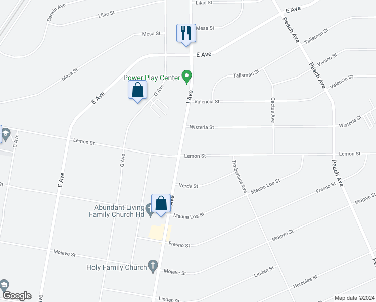 map of restaurants, bars, coffee shops, grocery stores, and more near 17620 Lemon Street in Hesperia