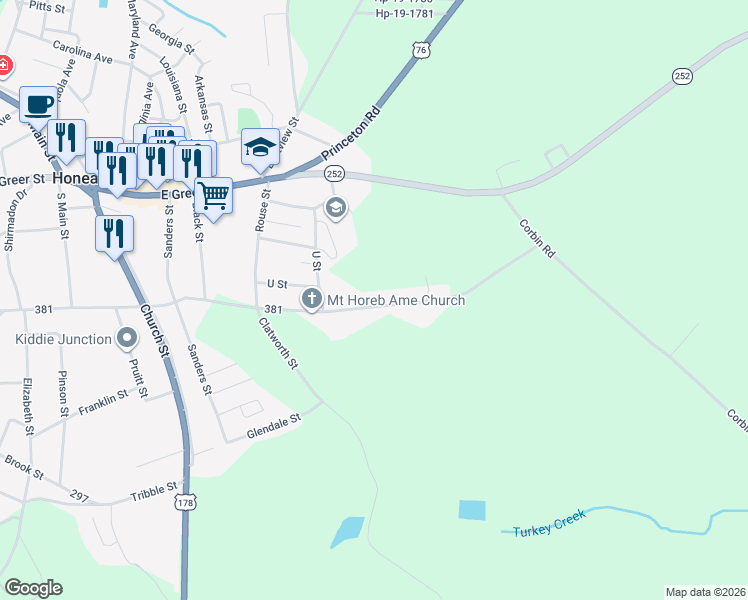 map of restaurants, bars, coffee shops, grocery stores, and more near 314 East Hampton Avenue in Honea Path