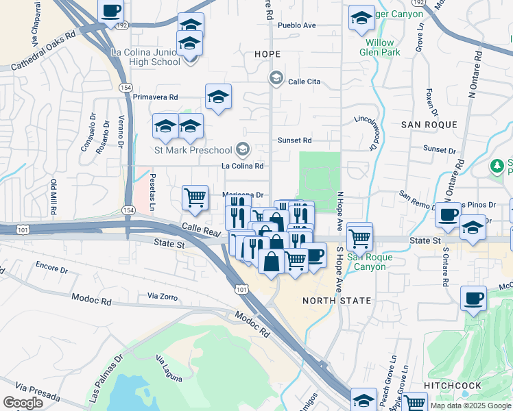 map of restaurants, bars, coffee shops, grocery stores, and more near 3914 Via Lucero in Santa Barbara