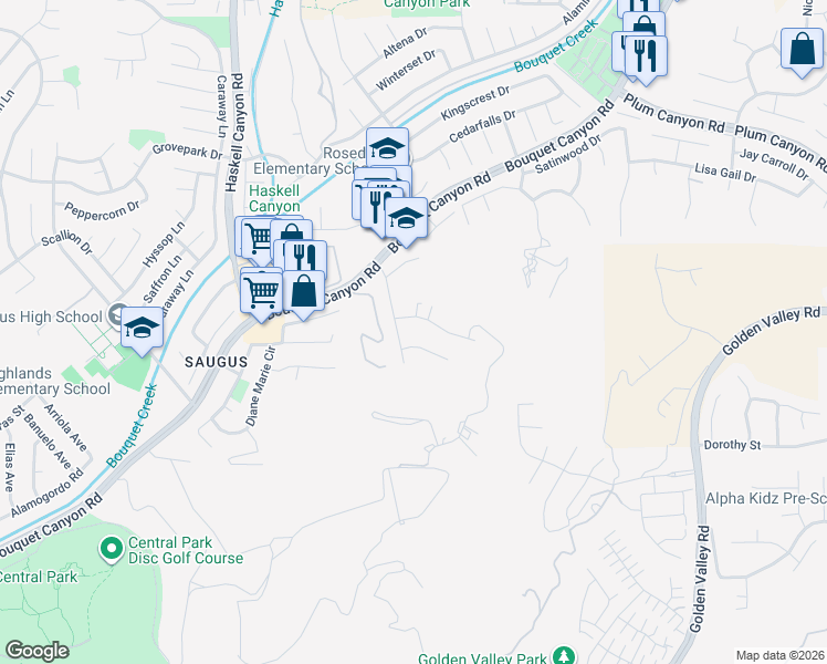 map of restaurants, bars, coffee shops, grocery stores, and more near 21144 Mill Ridge Drive in Santa Clarita