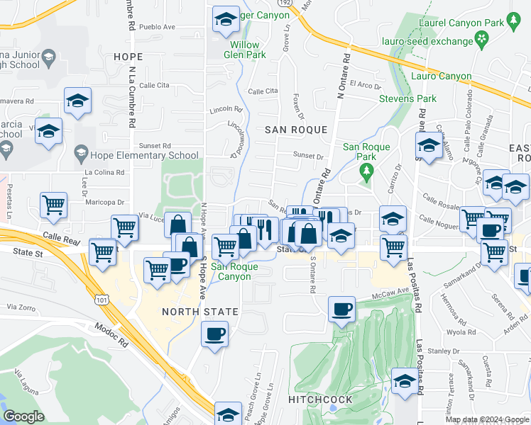 map of restaurants, bars, coffee shops, grocery stores, and more near 3722 State Street in Santa Barbara