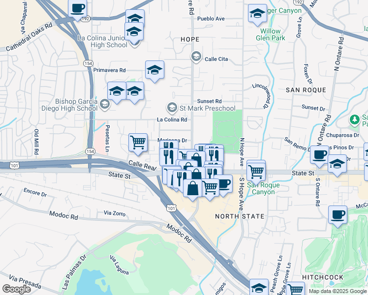 map of restaurants, bars, coffee shops, grocery stores, and more near 3916 State Street in Santa Barbara