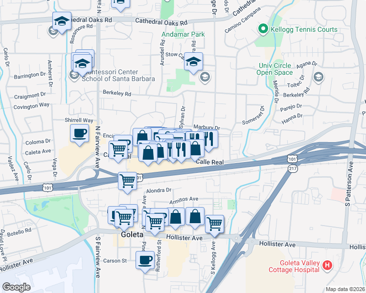 map of restaurants, bars, coffee shops, grocery stores, and more near 5664 Calle Real in Goleta
