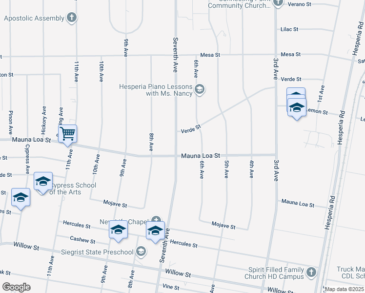 map of restaurants, bars, coffee shops, grocery stores, and more near 10535 Seventh Avenue in Hesperia