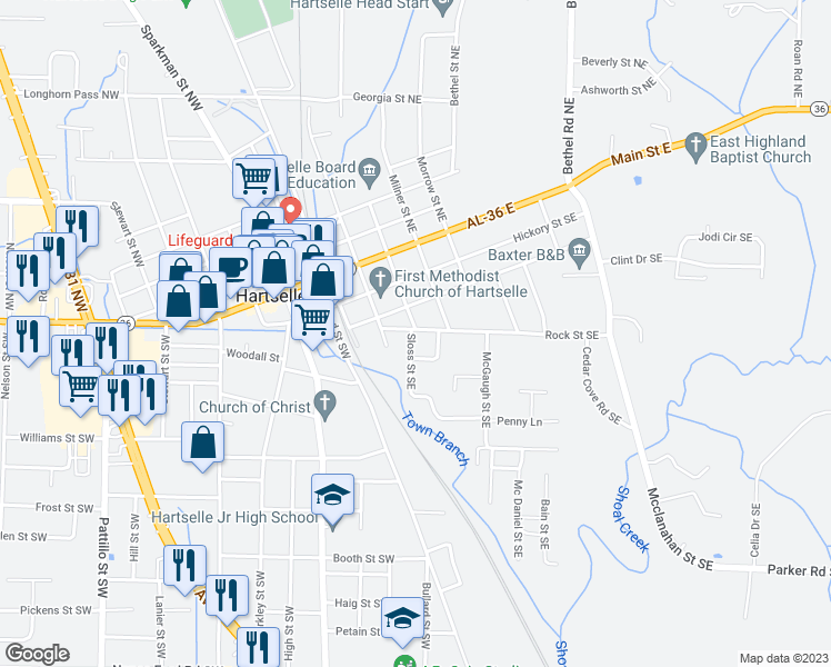 map of restaurants, bars, coffee shops, grocery stores, and more near 300 Rock Street Southeast in Hartselle
