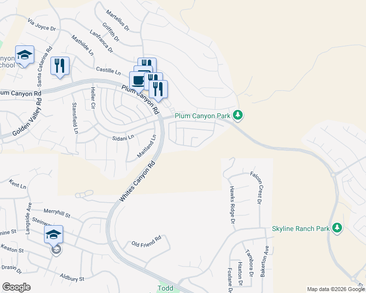 map of restaurants, bars, coffee shops, grocery stores, and more near 19230 Blackthorn Drive in Santa Clarita