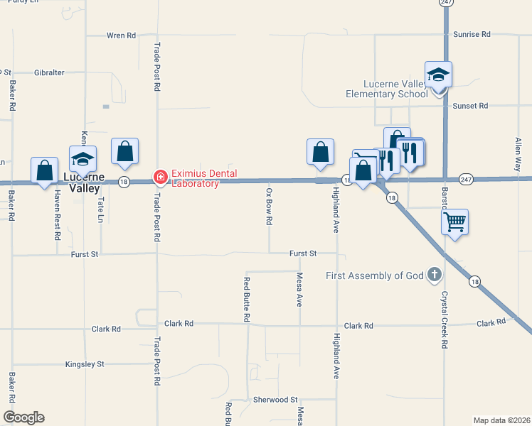 map of restaurants, bars, coffee shops, grocery stores, and more near 10395 Ox Bow Road in Lucerne Valley