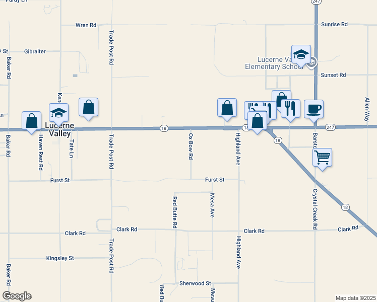 map of restaurants, bars, coffee shops, grocery stores, and more near Ox Bow Road in Lucerne Valley