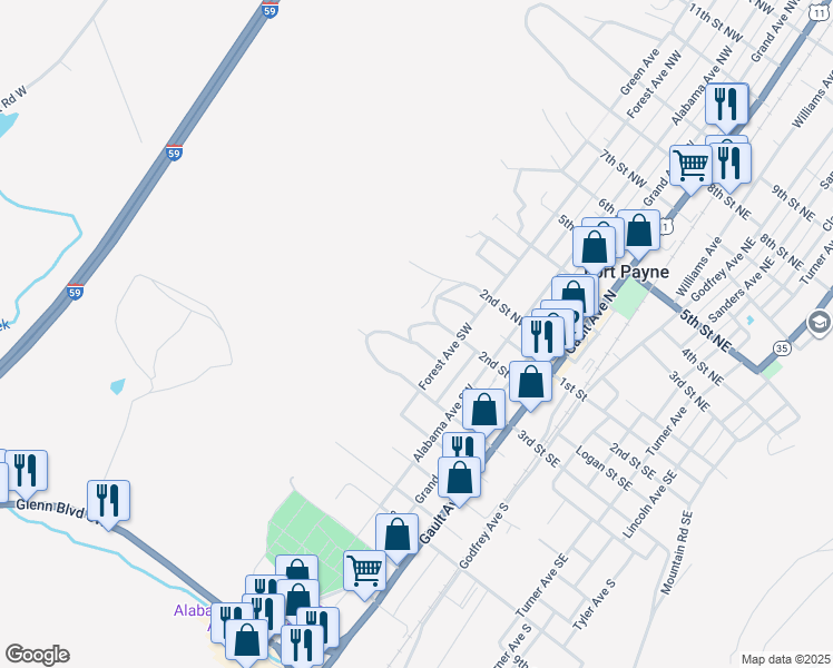 map of restaurants, bars, coffee shops, grocery stores, and more near 207 Wilson Drive in Fort Payne