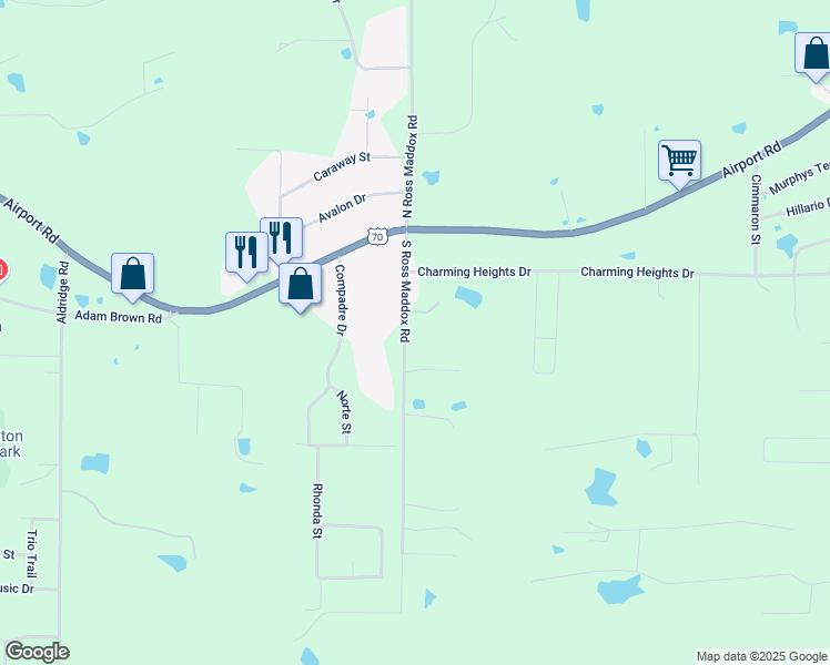 map of restaurants, bars, coffee shops, grocery stores, and more near 207 South Ross Maddox Road in Pearcy