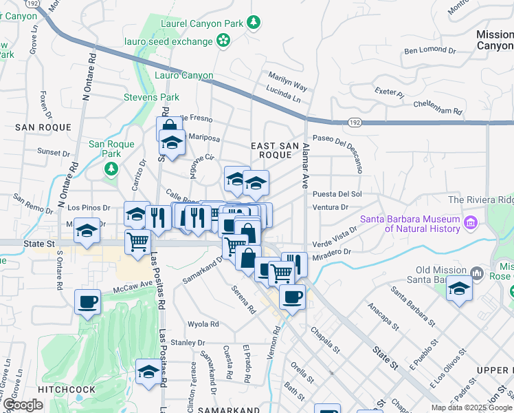 map of restaurants, bars, coffee shops, grocery stores, and more near 3018 Calle Noguera in Santa Barbara