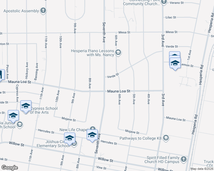 map of restaurants, bars, coffee shops, grocery stores, and more near 10535 Seventh Avenue in Hesperia