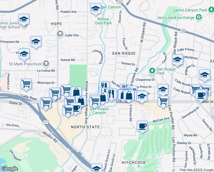 map of restaurants, bars, coffee shops, grocery stores, and more near 3718 San Remo Drive in Santa Barbara