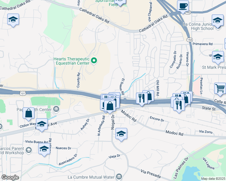 map of restaurants, bars, coffee shops, grocery stores, and more near 205 El Sueno Road in Santa Barbara