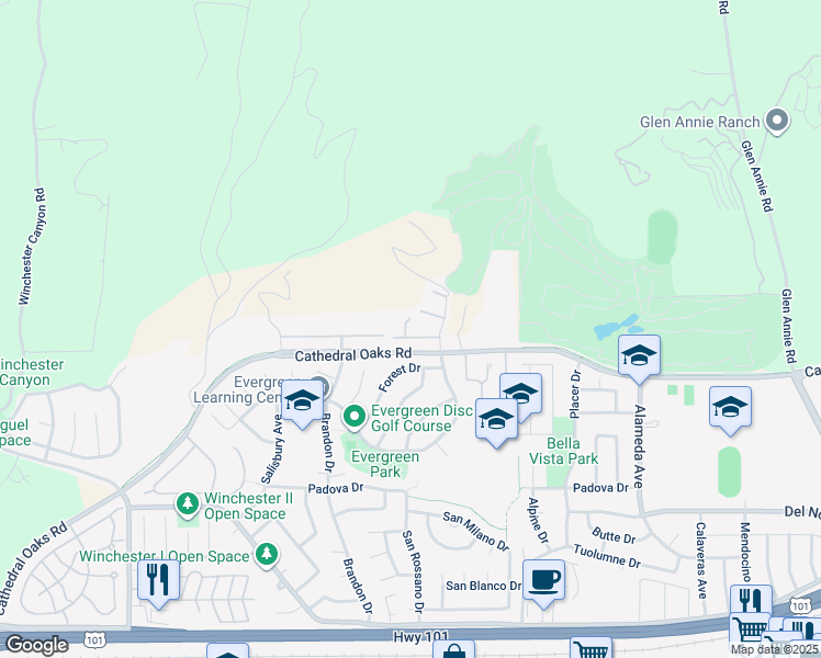 map of restaurants, bars, coffee shops, grocery stores, and more near 397 Northgate Drive in Goleta