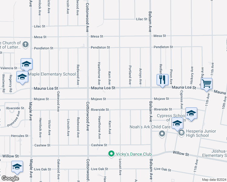 map of restaurants, bars, coffee shops, grocery stores, and more near 15063 Mauna Loa Street in Hesperia