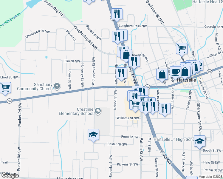 map of restaurants, bars, coffee shops, grocery stores, and more near 805 Main Street West in Hartselle