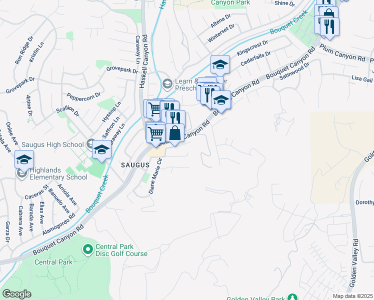 map of restaurants, bars, coffee shops, grocery stores, and more near 21401 Carol Sue Lane in Santa Clarita
