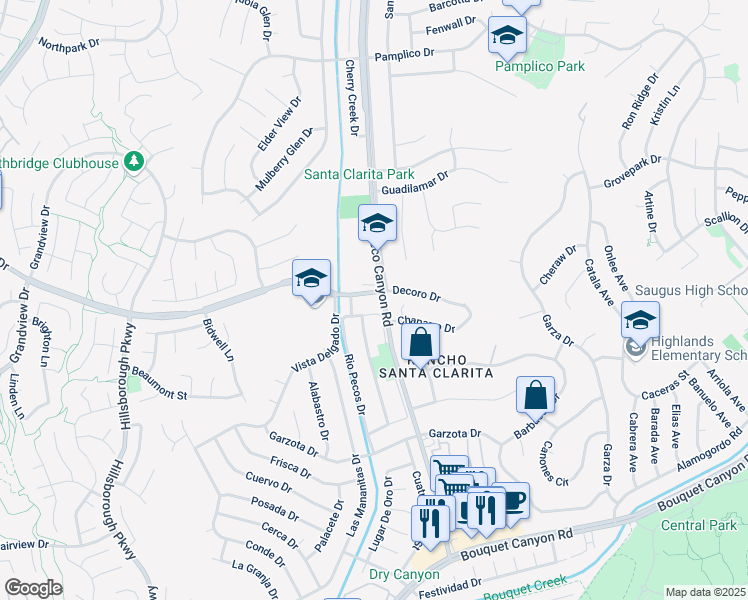 map of restaurants, bars, coffee shops, grocery stores, and more near 22808 Decoro Drive in Santa Clarita