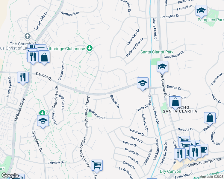 map of restaurants, bars, coffee shops, grocery stores, and more near 23274 Cuestport Drive in Santa Clarita