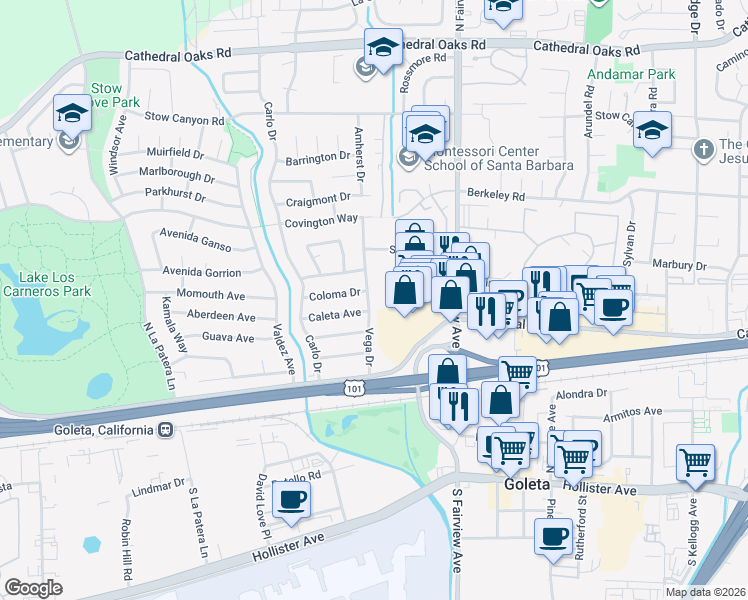 map of restaurants, bars, coffee shops, grocery stores, and more near 174 Vega Drive in Goleta