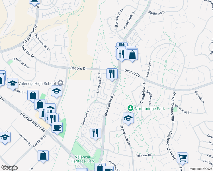 map of restaurants, bars, coffee shops, grocery stores, and more near 27637 Olive Mill Court in Santa Clarita