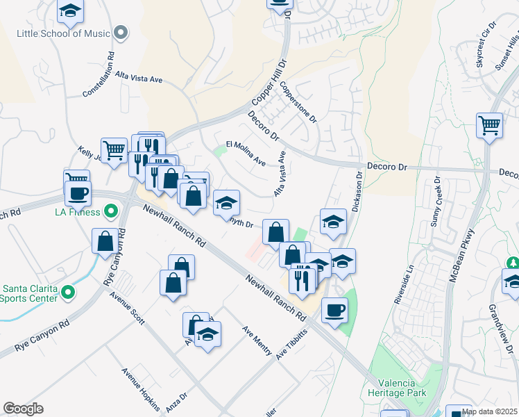 map of restaurants, bars, coffee shops, grocery stores, and more near 27912 Mariposa Street in Santa Clarita